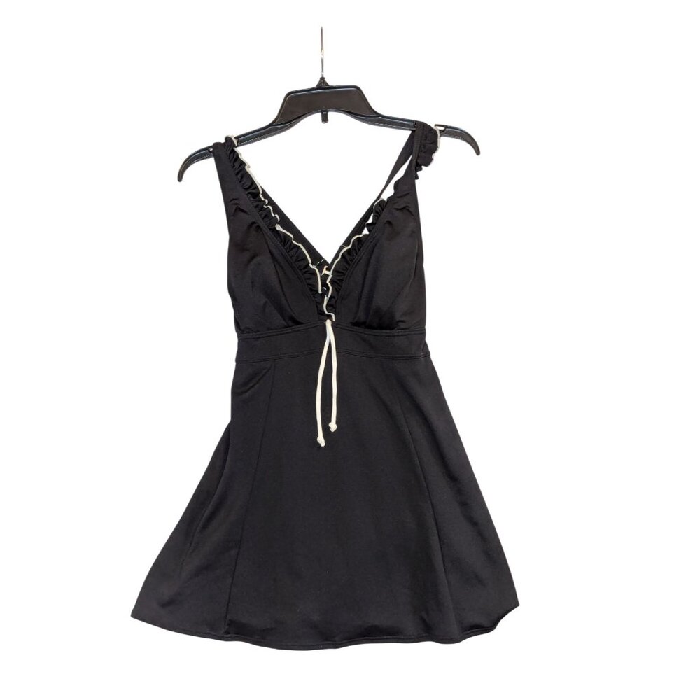 Black Ruffled V-Neck Swim Dress With Adjustable Straps & Drawstring Tie By Calyp